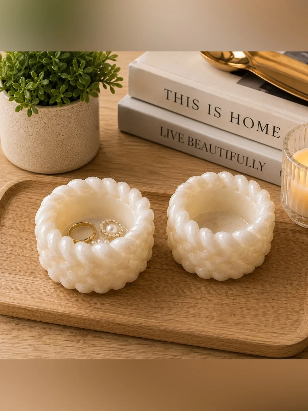 Braided Cream Marble Trinket Dish Set — Decorative Jewelry Bowls